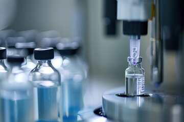 Vials of liquid medication being filled in a laboratory setting during a production process for pharmaceutical manufacturing