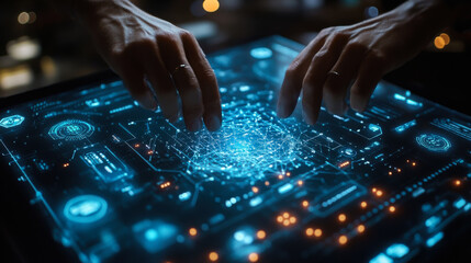 Poster - Futuristic hands interacting with a glowing digital interface in a dimly lit environment showcasing advanced technology and innovation