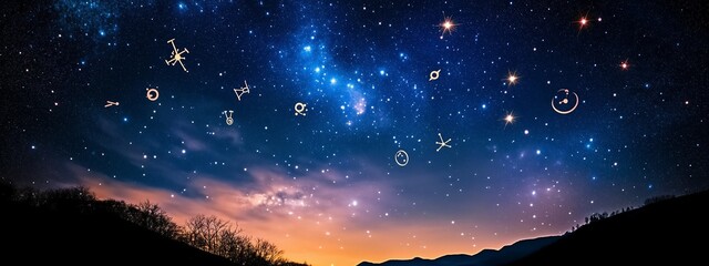 Wall Mural - Stars illuminate the night sky with zodiac symbols visible over a tranquil landscape at dusk