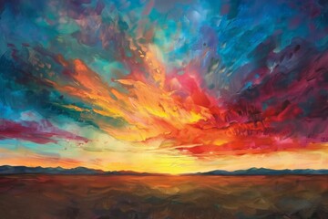Poster - Vivid sunset illuminating the sky with vibrant colors over a tranquil landscape in the evening