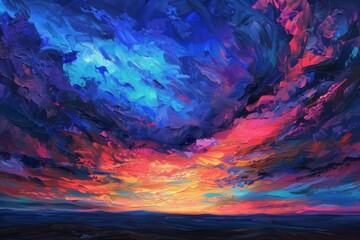 Poster - Vivid sunset illuminating the sky with vibrant colors over a tranquil landscape in the evening