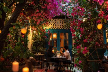 A romantic dinner for two under the vibrant bougainvillea flowers in a cozy courtyard during a warm evening