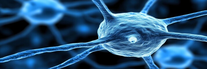 Poster - Blue Microscopic View of Interconnected Neurons In The Human Brain, Creating A Medical Background.