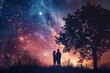 © SaroStock - A couple sits closely together on a grassy hill, gazing at the vibrant night sky filled with stars and the Milky Way, creating a romantic atmosphere during a clear evening