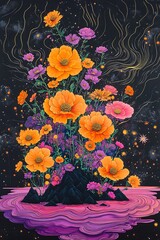 Poster - A vibrant, abstract illustration of a small island with flowers, surrounded by a swirling pink sky and a starry black background.