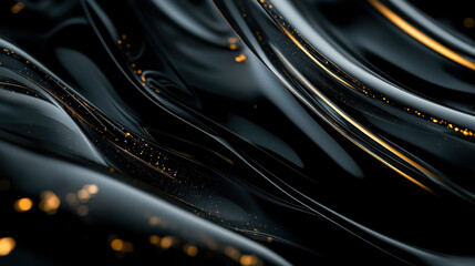 Aufkleber - Elegant black and gold abstract waves flowing gracefully through a dark background during soft illumination