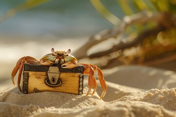 A small crab sitting atop a treasure chest on a sandy beach with gentle waves in the background during golden hour of late afternoon light