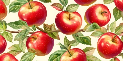 Red Apples Seamless Pattern Watercolor Illustration