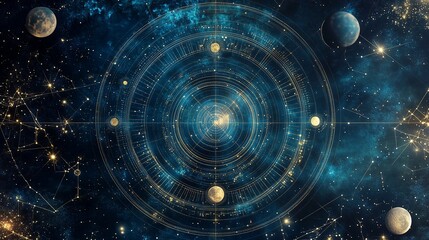 Poster - Stunning cosmic illustration showcasing planetary orbits and constellations in a vibrant, starry night sky