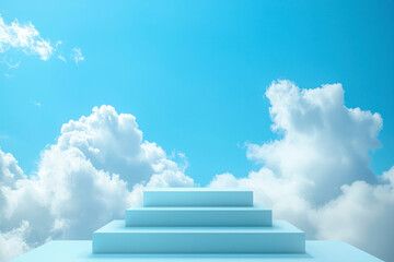 Fototapete - Sky Blue,Cloud Background,White Podium Platform Step.