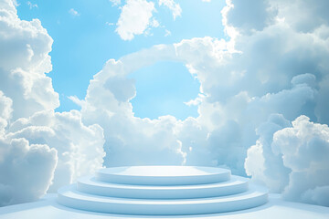 Fototapete - Sky Blue,Cloud Background,White Podium Platform Step.