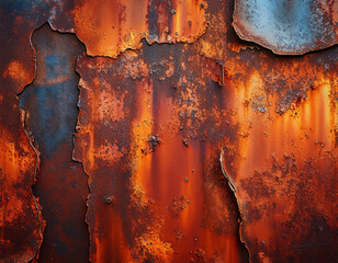 a close-up of rusted metal, with patches of orange, brown, and red, creating a rough, weathe