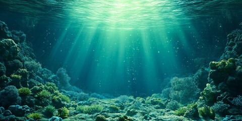 Underwater view of a vibrant coral reef illuminated by bioluminescent plankton, showcasing diverse marine life in clear water