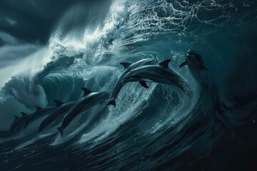 Aufkleber - Dolphins playfully leaping through crashing ocean waves under moody skies at dawn, creating a magical seaside moment full of energy and grace
