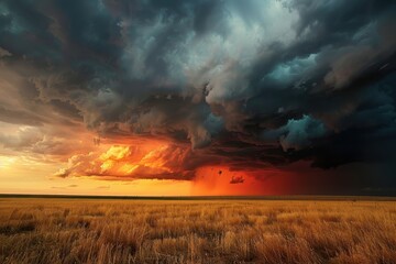 Aufkleber - A dramatic sunset skims the horizon as dark storm clouds gather over an open field, creating a stunning contrast of colors in the late evening sky