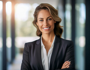 A confident businesswoman in a sharp suit, smiling in front of a modern office background. N