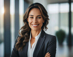 A confident businesswoman in a sharp suit, smiling in front of a modern office background. N