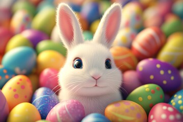 A cheerful white rabbit hops joyfully among colorful Easter eggs in a festive landscape, surrounded by confetti in vibrant spring colors