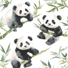 Wall Mural - Cute Watercolor Pandas on Bamboo Branches