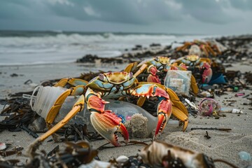 Poster - A group of crabs navigates a beach littered with plastic waste, illustrating the impact of pollution on marine life during a cloudy afternoon