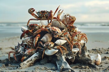 Aufkleber - Group of crabs gathered around driftwood on a sandy beach during daylight, surrounded by seashells along the shoreline