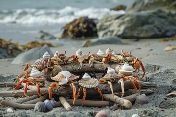 Aufkleber - Group of crabs gathered around driftwood on a sandy beach during daylight, surrounded by seashells along the shoreline