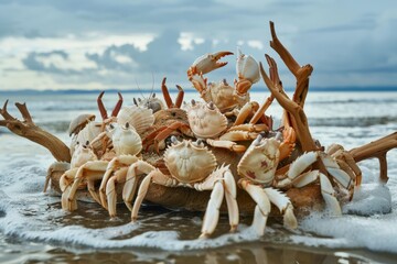 Aufkleber - Group of crabs gathered around driftwood on a sandy beach during daylight, surrounded by seashells along the shoreline