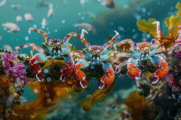 Poster - Colorful crabs navigating through vibrant coral reefs during a sunny day in a tropical ocean environment filled with marine life