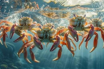 Poster - Colorful crabs navigating through vibrant coral reefs during a sunny day in a tropical ocean environment filled with marine life