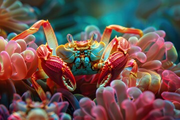 Poster - Colorful crabs navigating through vibrant coral reefs during a sunny day in a tropical ocean environment filled with marine life