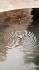 Canvas Print - Close-up of raindrops falling on a calm pond, creating ripples on the water surface under an overcast sky