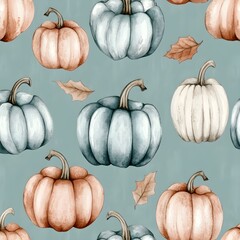 Sticker - Watercolor Seamless Pattern with Pumpkins and Leaves