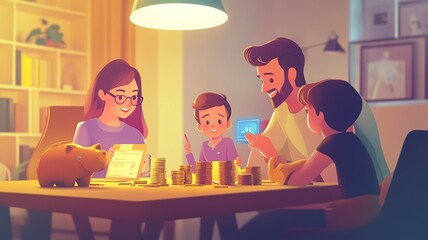 Happy family playing board game at home in the evening