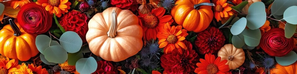 autumn floral arrangement, pumpkins, vibrant red and orange flowers, rich fall colors, eucalyptus leaves, cozy and warm atmosphere, high detail, hyper-realistic, botanical composition, autumn harvest.