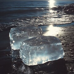 Sticker - Two large blocks of clear ice sit on a sandy beach near the ocean's edge at sunset.