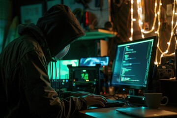 Poster - A focused individual works on multiple computer screens in a dimly lit environment, engaged in coding and cybersecurity activities while wearing headphones and a hooded jacket