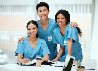people, medical student and happy on portrait on teamwork, collaboration and strategy. diversity, in