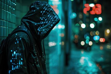 Poster - A figure wearing a mask types on a keyboard surrounded by glowing screens in a dimly lit room, portraying a moment of intense focus and secrecy during a late-night hacking session
