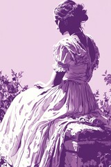 Sticker - Serene Woman in Vintage Dress Against Purple Background