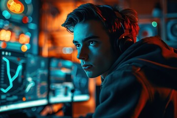 A person in a dark hoodie and glasses engages with a computer in a futuristic urban environment filled with colorful lights during nighttime