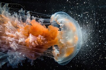 Poster - A stunning jellyfish gracefully swims through dark waters, showcasing its vibrant colors and flowing tentacles, creating an enchanting underwater display