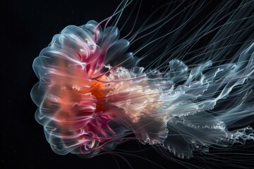 Poster - A stunning jellyfish gracefully swims through dark waters, showcasing its vibrant colors and flowing tentacles, creating an enchanting underwater display