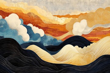 Canvas Print - Abstract Landscape with Waves and Clouds in Warm Tones