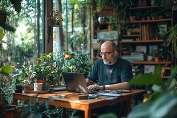 A bald, middle-aged man works on his laptop in a cozy home office filled with vibrant indoor plants.

