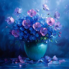 Poster - A teal vase filled with purple and blue flowers on a blue background.