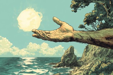 Poster - Surreal Hand Reaching for the Sun Over the Ocean