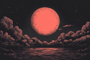 Wall Mural - Surreal Landscape with Red Moon Over Dark Ocean