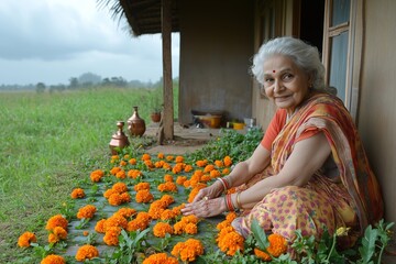 An elderly woman with silver hair, wearing a colorful saree and adorned with a bindi on her forehead, sits peacefully outside a rural home.