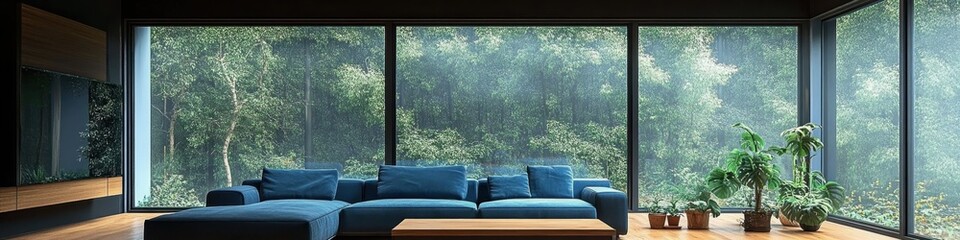 modern living room, large windows, lush green scenery outside, blue sectional sofa, minimalist design, natural light, indoor plant, contemporary furniture, cozy and inviting atmosphere, coffee table w