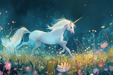 Poster - A magical white unicorn gracefully trots through a vibrant meadow filled with colorful wildflowers under a starry night sky